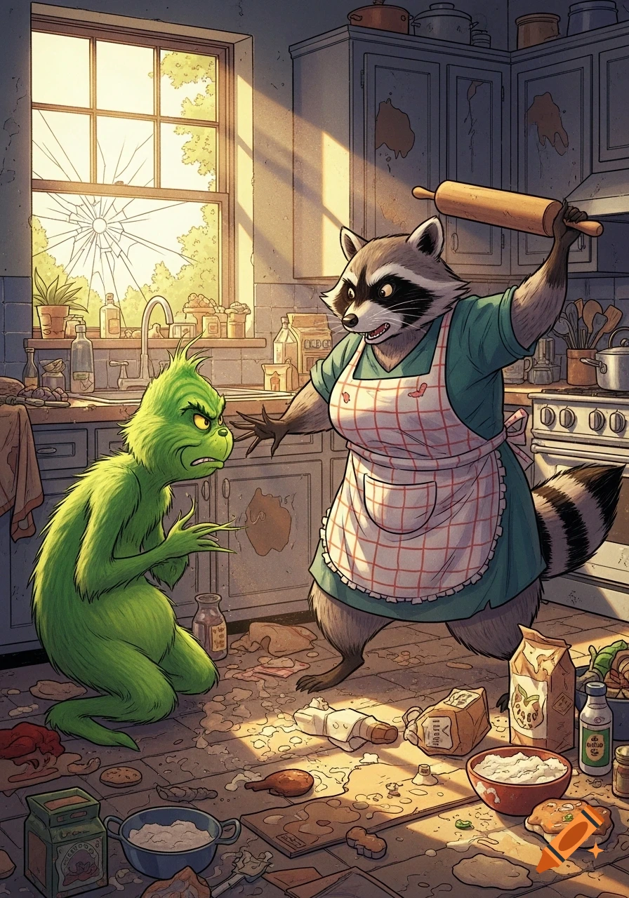 A cartoon Grinch in a messy kitchen is threatened by an angry raccoon in an apron, holding a rolling pin. A broken window is in the background.
