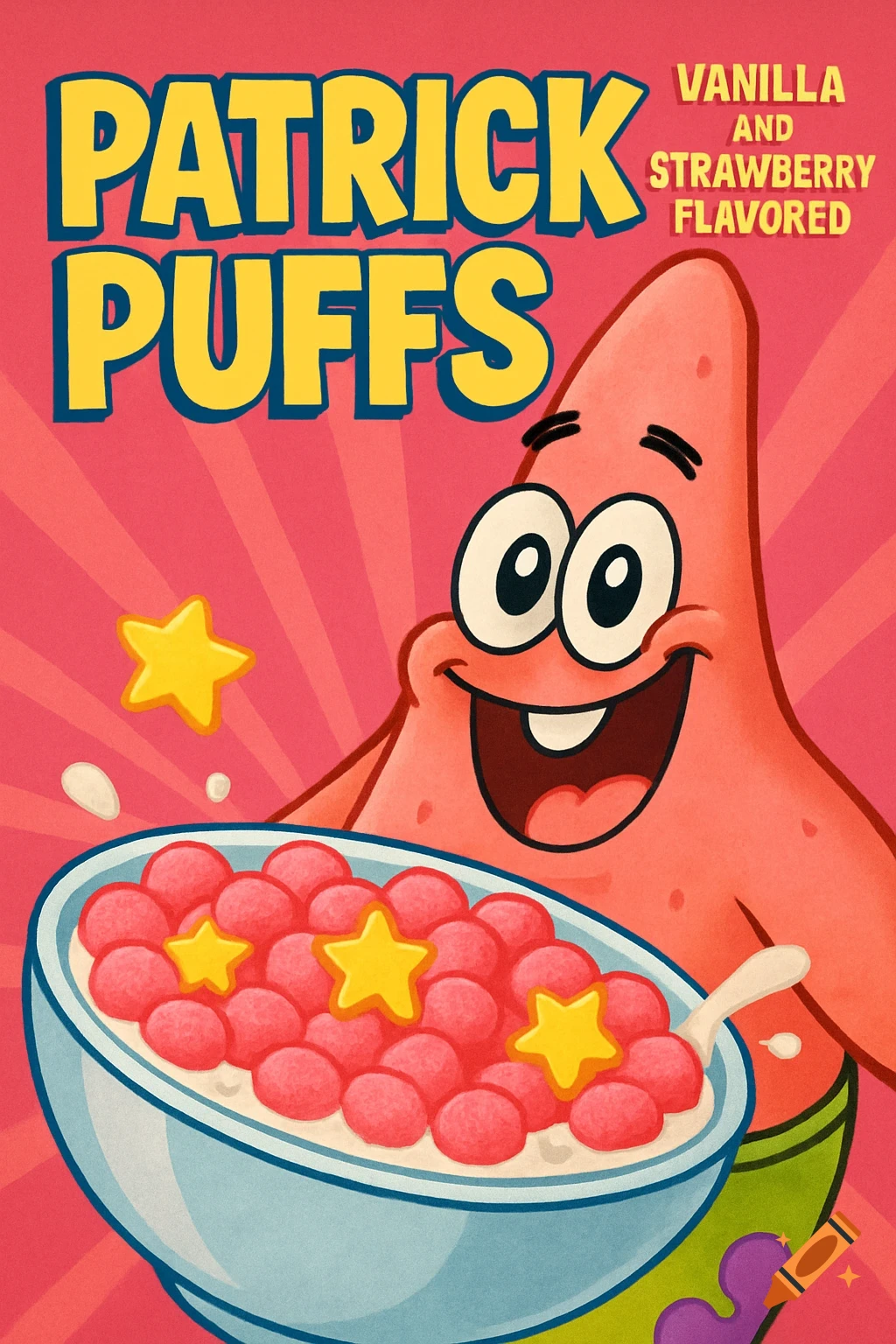 A cartoon cereal box for 'PATRICK PUFFS' featuring Patrick Star holding a bowl of pink cereal with yellow stars. It says 'VANILLA AND STRAWBERRY FLAVORED' in the corner.