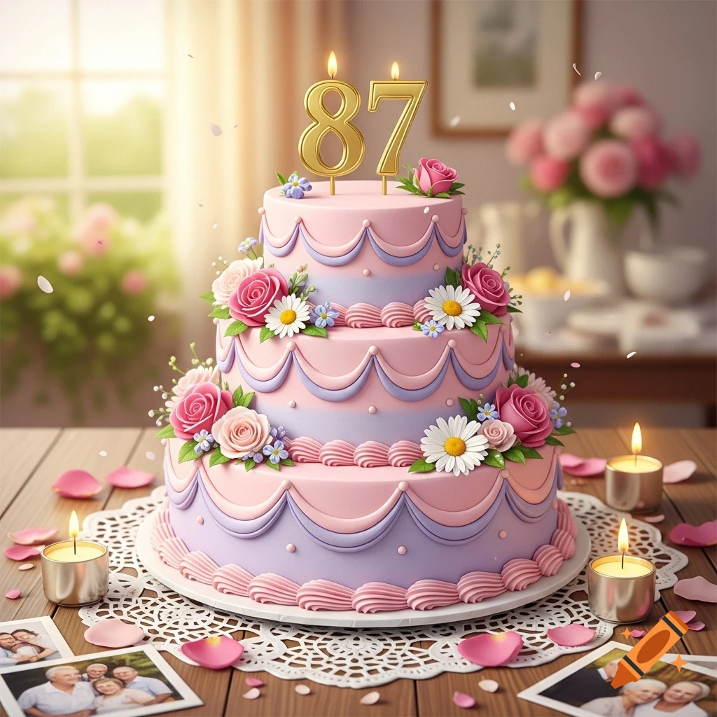 A three-tiered pink and lavender birthday cake with '87' candles, roses, daisies, surrounded by petals and photos on a wooden table.
