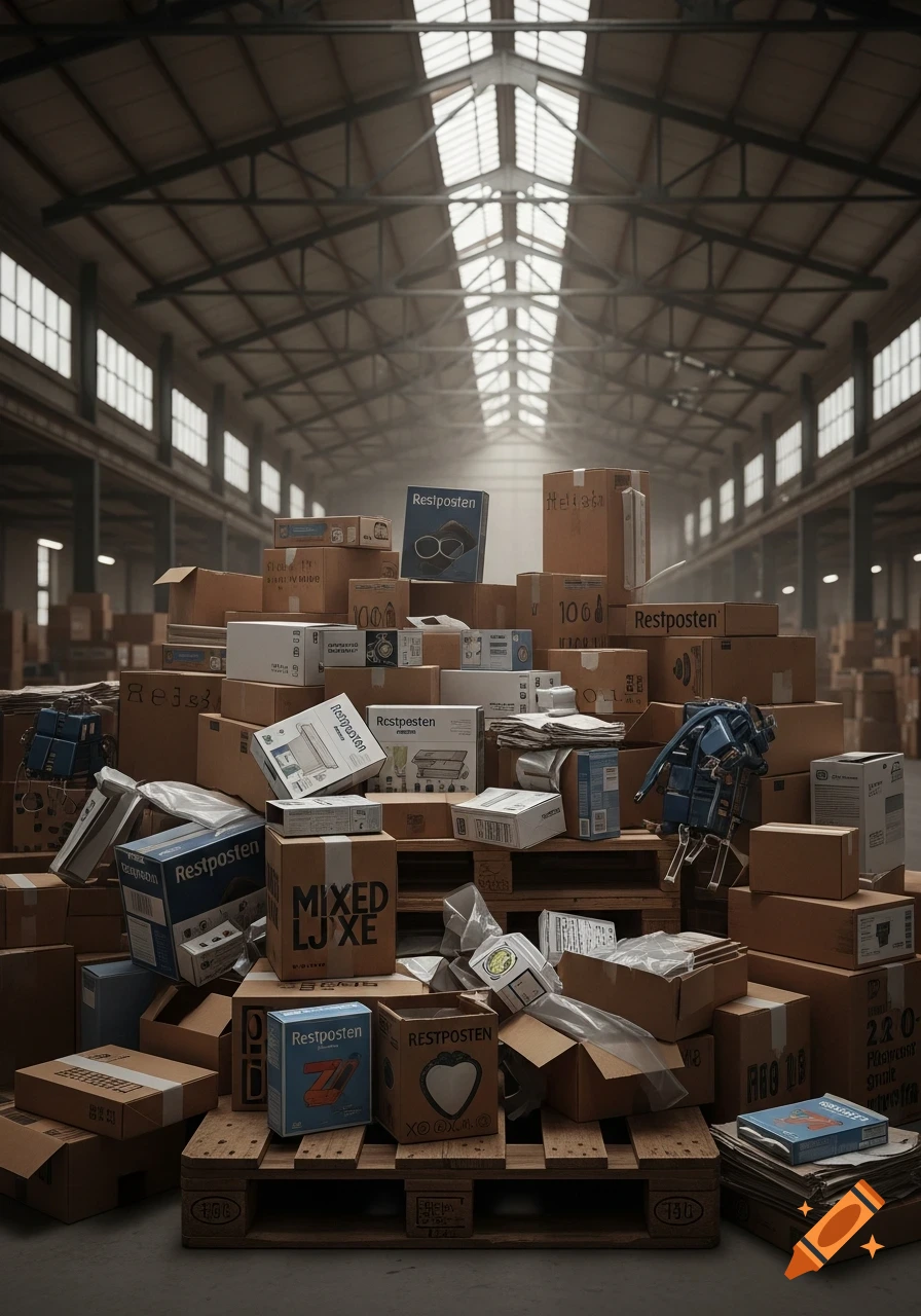 A towering, messy pile of cardboard boxes and loose items on a wooden pallet inside a vast, dimly lit warehouse with natural light from the ceiling.