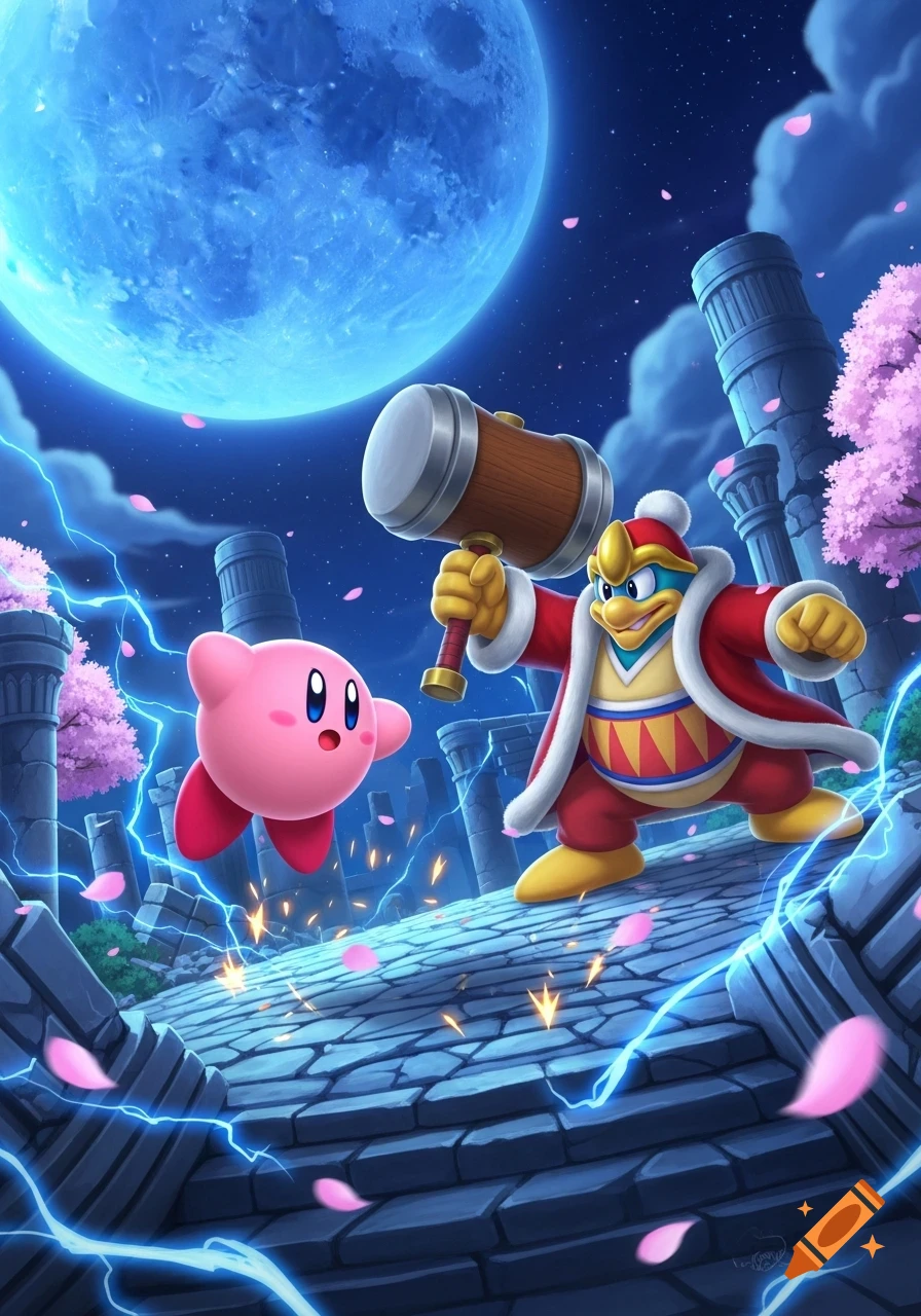 Kirby floats next to King Dedede, who raises his hammer in a dynamic scene under a large blue moon with lightning and cherry blossoms.