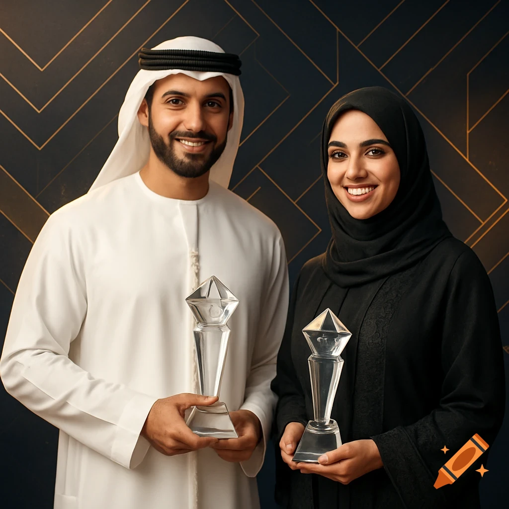 Smiling Emirati man and woman in national dress hold crystal awards against a dark geometric background.