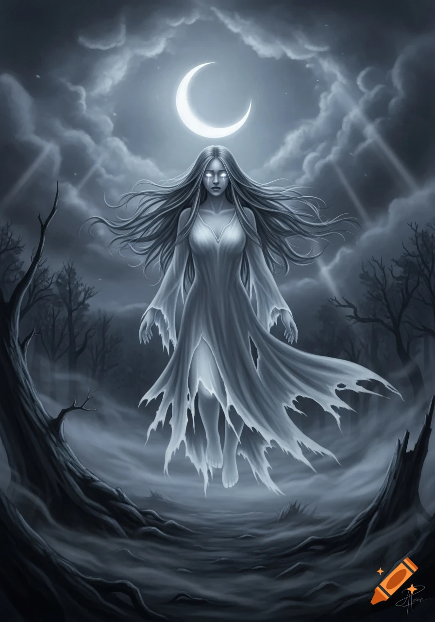 A ghostly woman with glowing eyes and long, flowing hair floats under a crescent moon in a dark, barren forest.