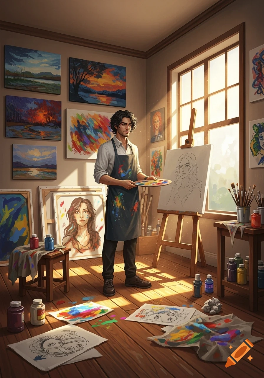 A male artist stands in a sunlit studio holding a paint palette, surrounded by colorful paintings and art supplies.