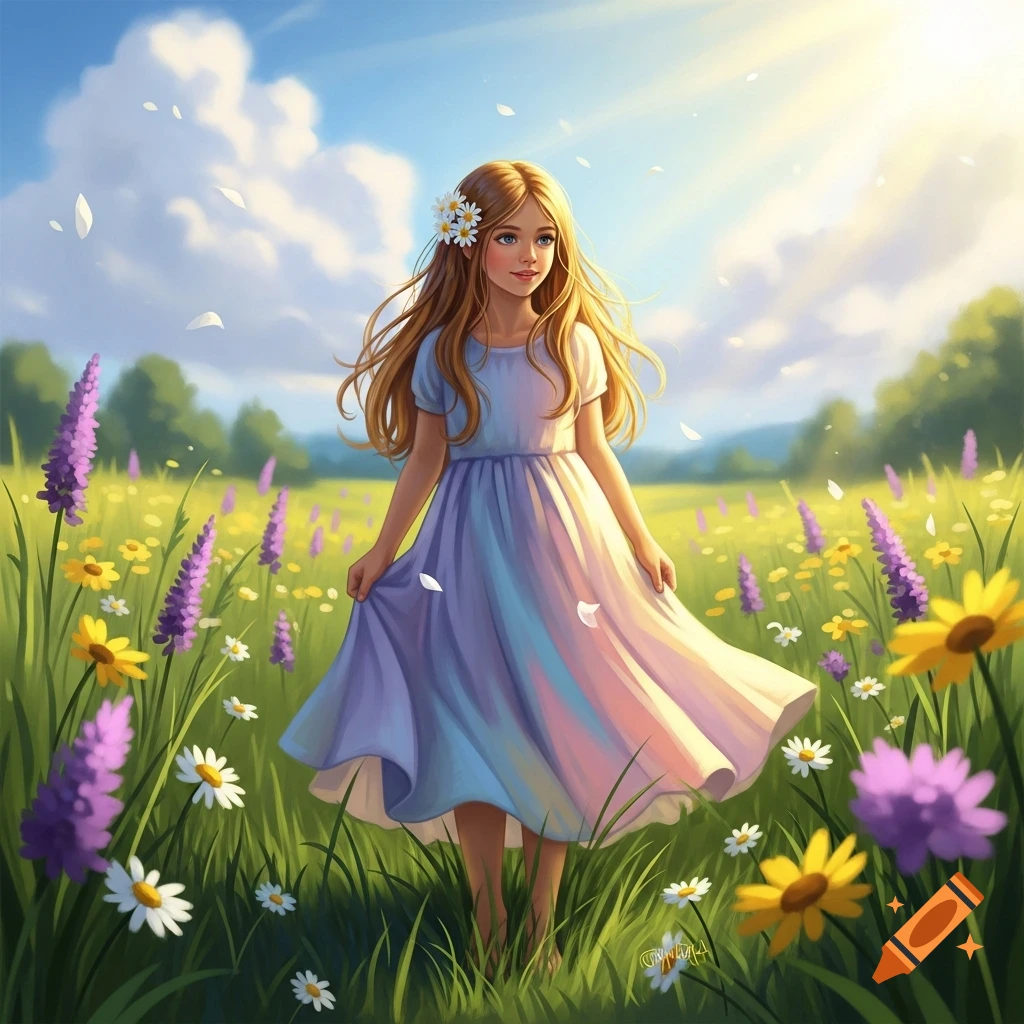 An illustration of a young girl with long brown hair, wearing a flowing ...