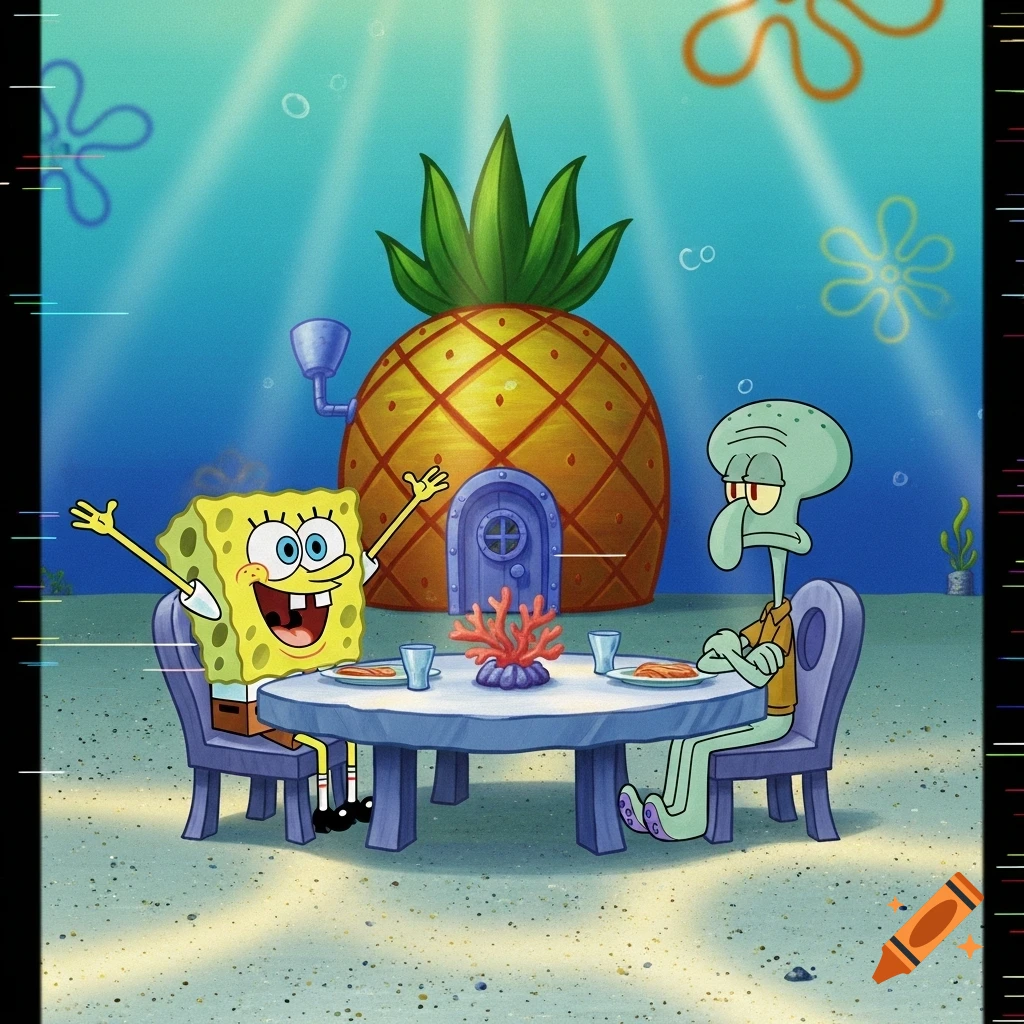 SpongeBob SquarePants and Squidward at an underwater dining table, in front of a pineapple house, in grainy VHS style.