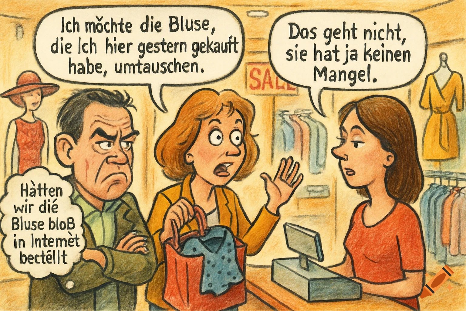 A cartoon depicts a man and woman in a clothing store. The woman tries to return a blouse to a cashier, while the man thinks, 'If only we had ordered the blouse online.'