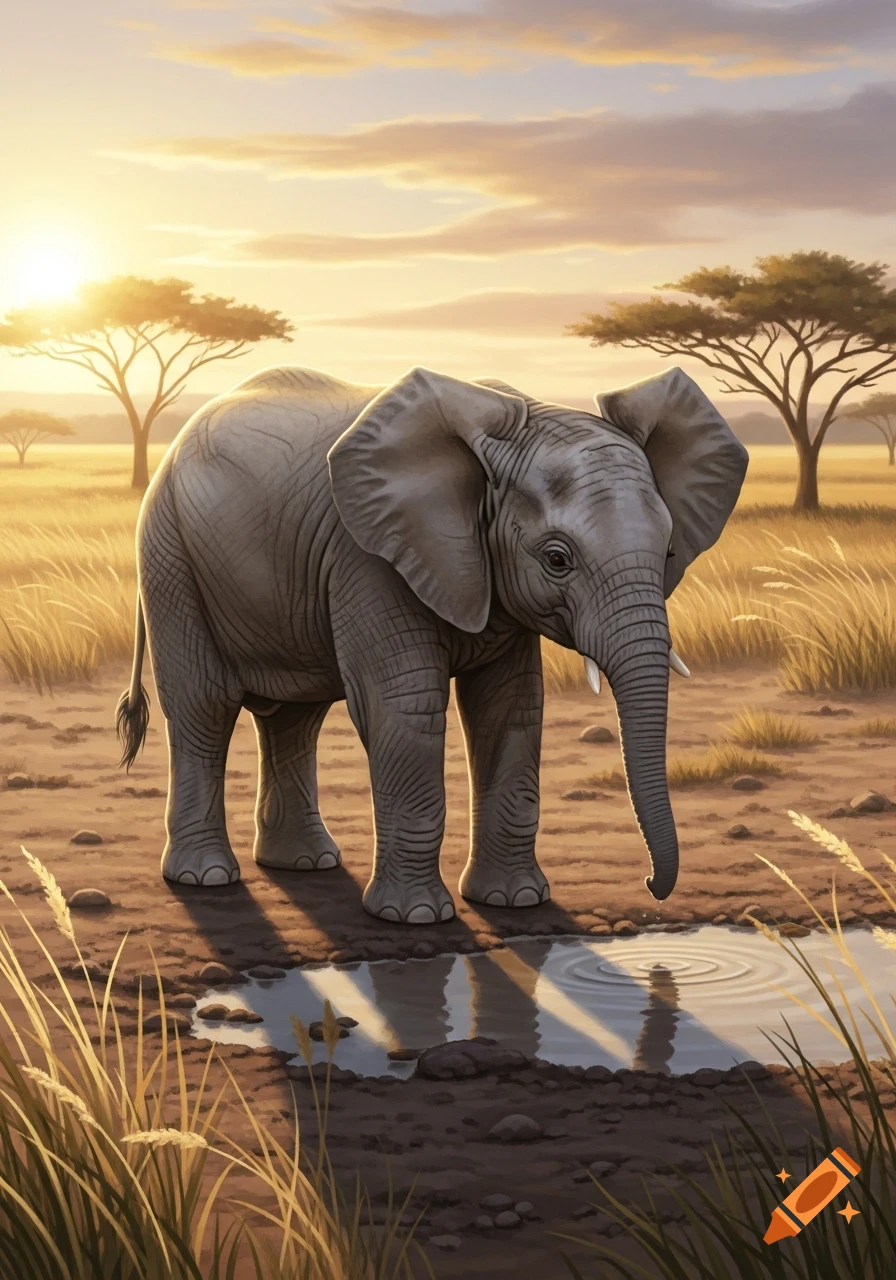 A realistic baby elephant drinks from a puddle in a golden savanna at sunset, with acacia trees in the background.