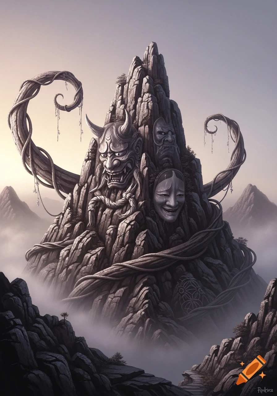 A surreal, misty mountain sculpted with an oni mask, noh masks, and intertwining tree roots, rendered in an irezumi style.