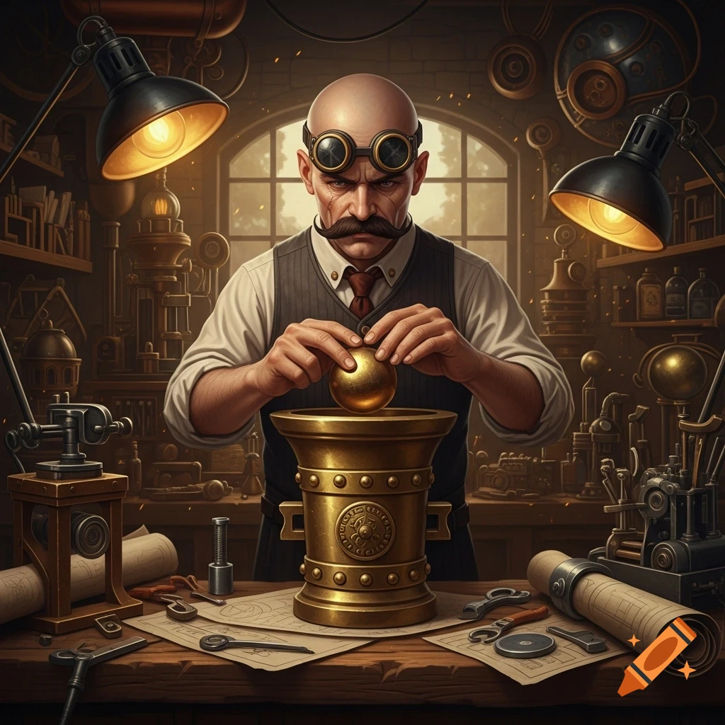 A bald, moustached inventor in goggles works in a cluttered steampunk workshop, placing a golden sphere into a large brass mortar.
