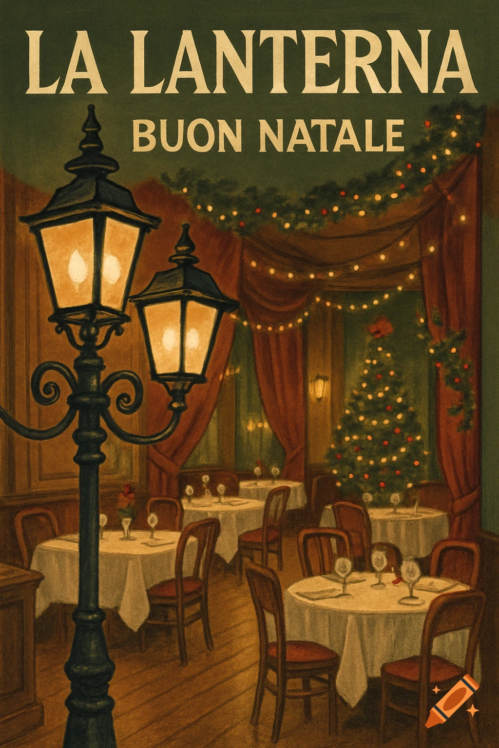Vintage illustration of a Christmas-decorated Italian restaurant interior with a lantern post, dining tables, and a tree. Text: La Lanterna Buon Natale.