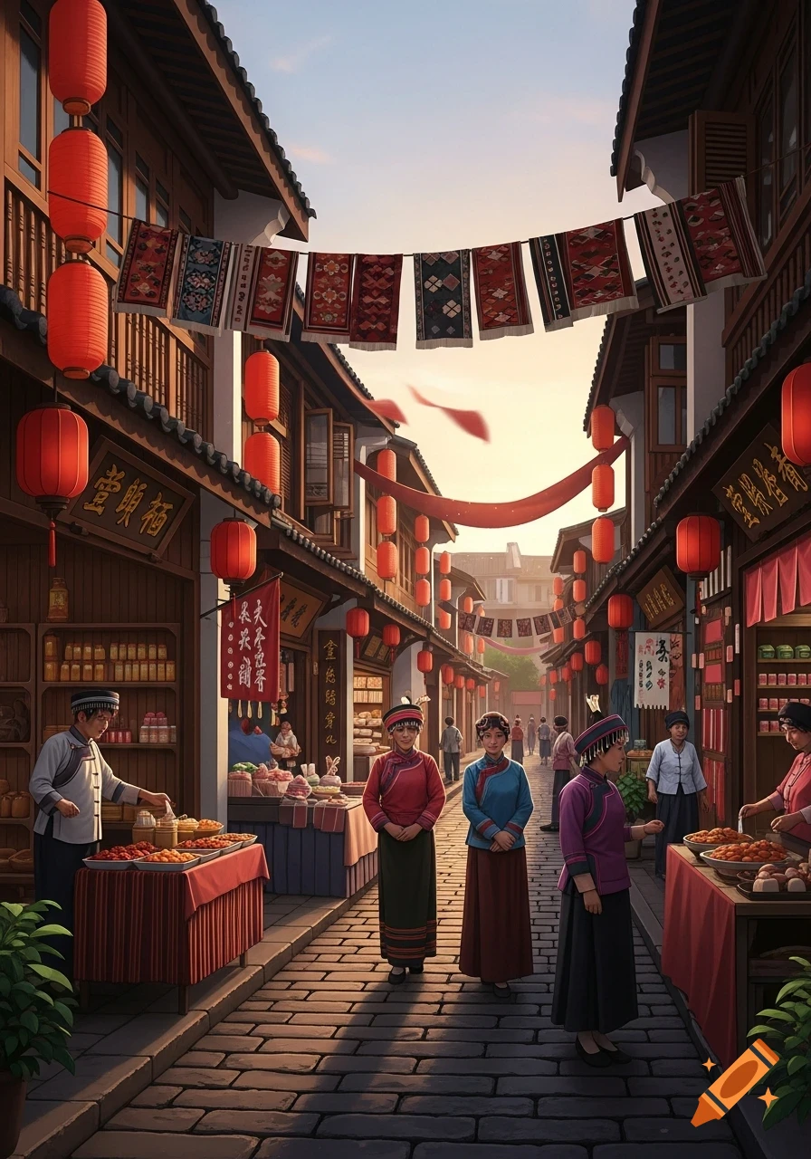 A vibrant old Chinese street market scene with traditional buildings, red lanterns, and people browsing goods at various stalls.