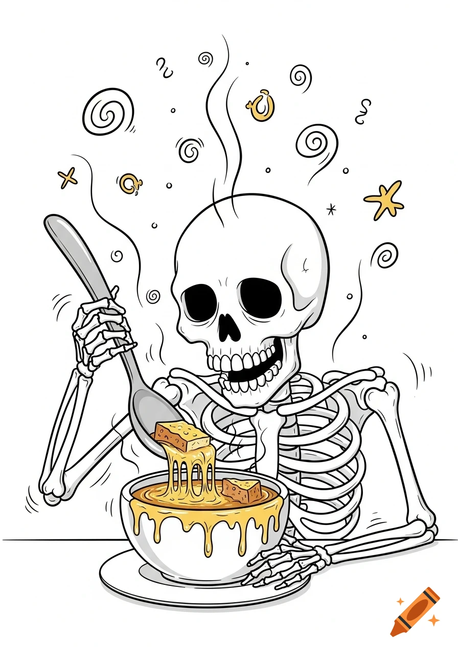 A cartoon skeleton with a wide grin eagerly eats a bowl of cheesy French onion soup with a spoon in a doodle style.