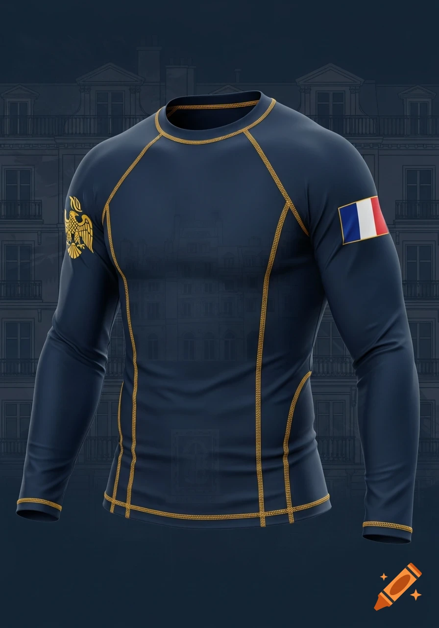 Navy blue long-sleeved rash guard with gold stitching, a French flag on the right sleeve, and a Napoleonic eagle on the left, against a subtle Haussmannian background.