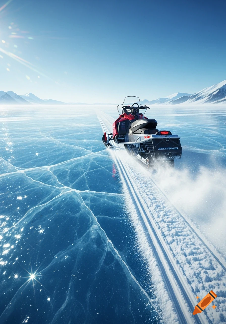A red and black snowmobile rides across a vast, cracked icy surface, leaving a trail of snow under a bright blue sky with distant mountains.