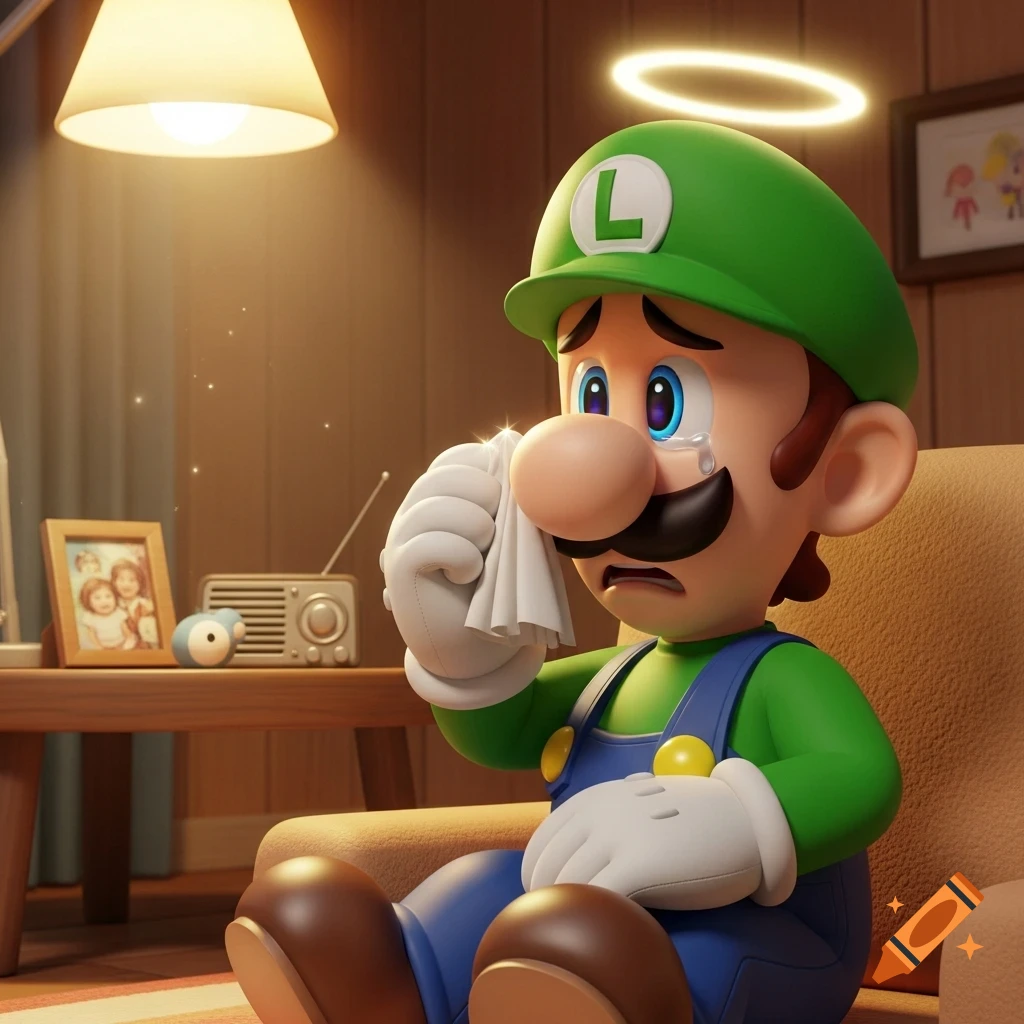 Sad Luigi crying, wiping his tears with a tissue, and wearing a halo, in a dimly lit room.