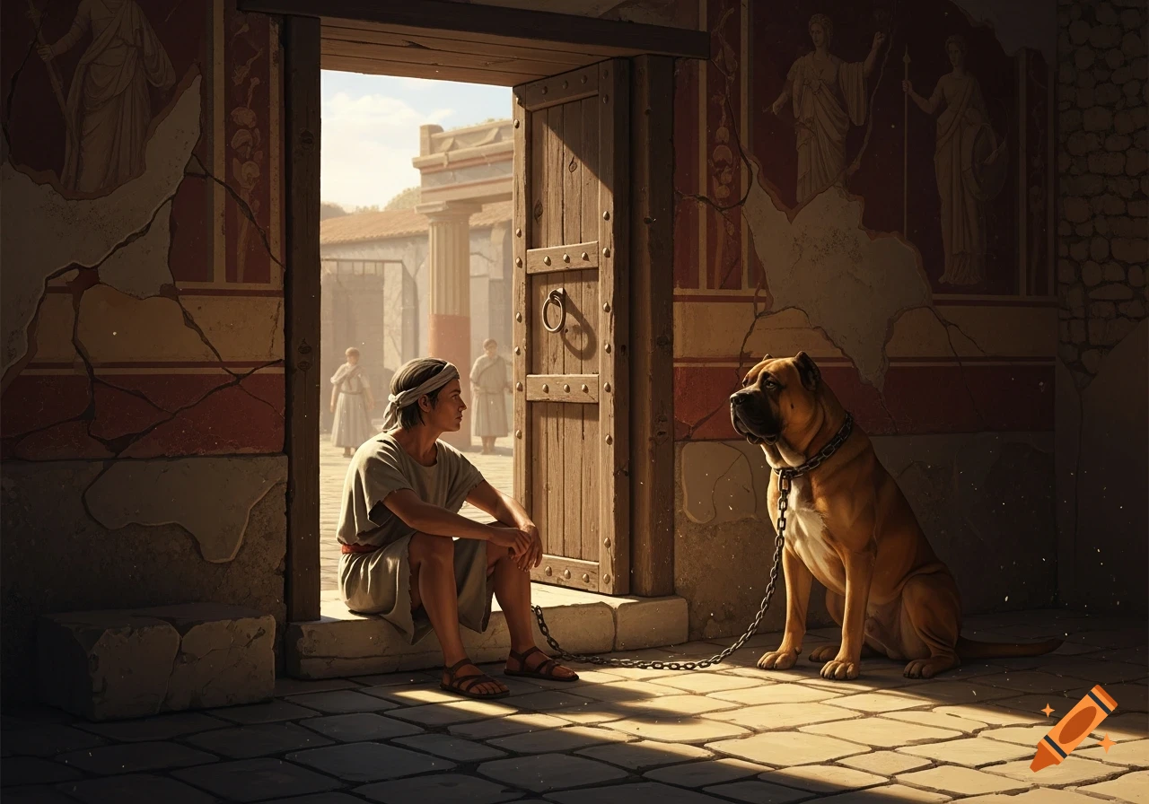A Roman slave sits on a stone threshold, looking right, with a large, chained dog beside a wooden door in ancient Pompeii.