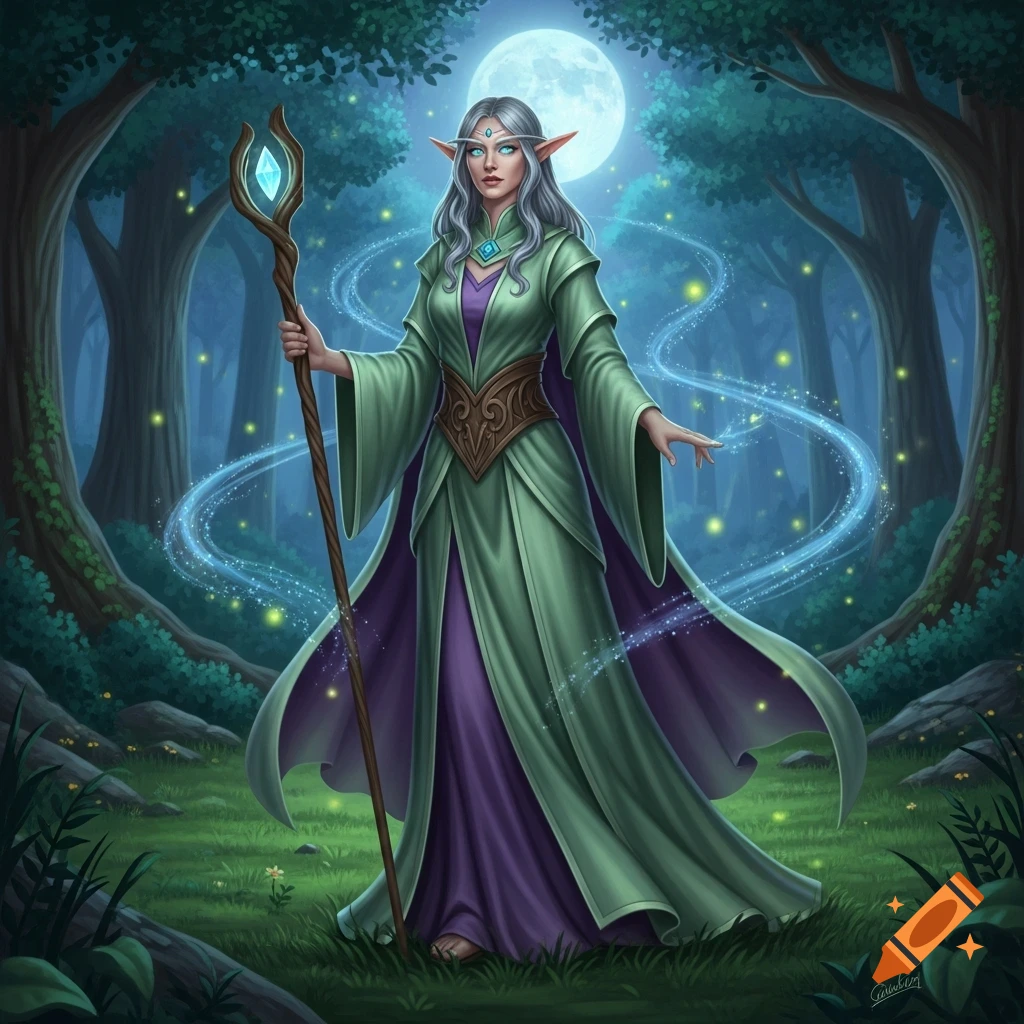 An elegant elf woman with white hair stands in a moonlit forest, holding a glowing staff and surrounded by blue magical wisps. Fantasy illustration.