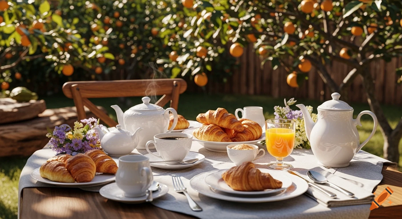 Photorealistic outdoor breakfast table in a sunny garden with croissants, coffee, orange juice, and white porcelain amidst orange trees.