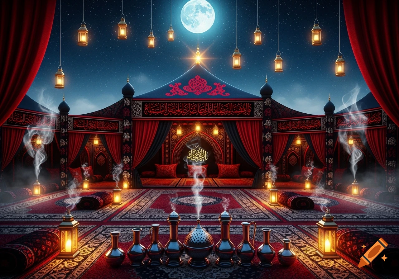 An ornate red and gold tent setting at night under a full moon, with hanging lanterns, smoking censers, and intricate patterns.
