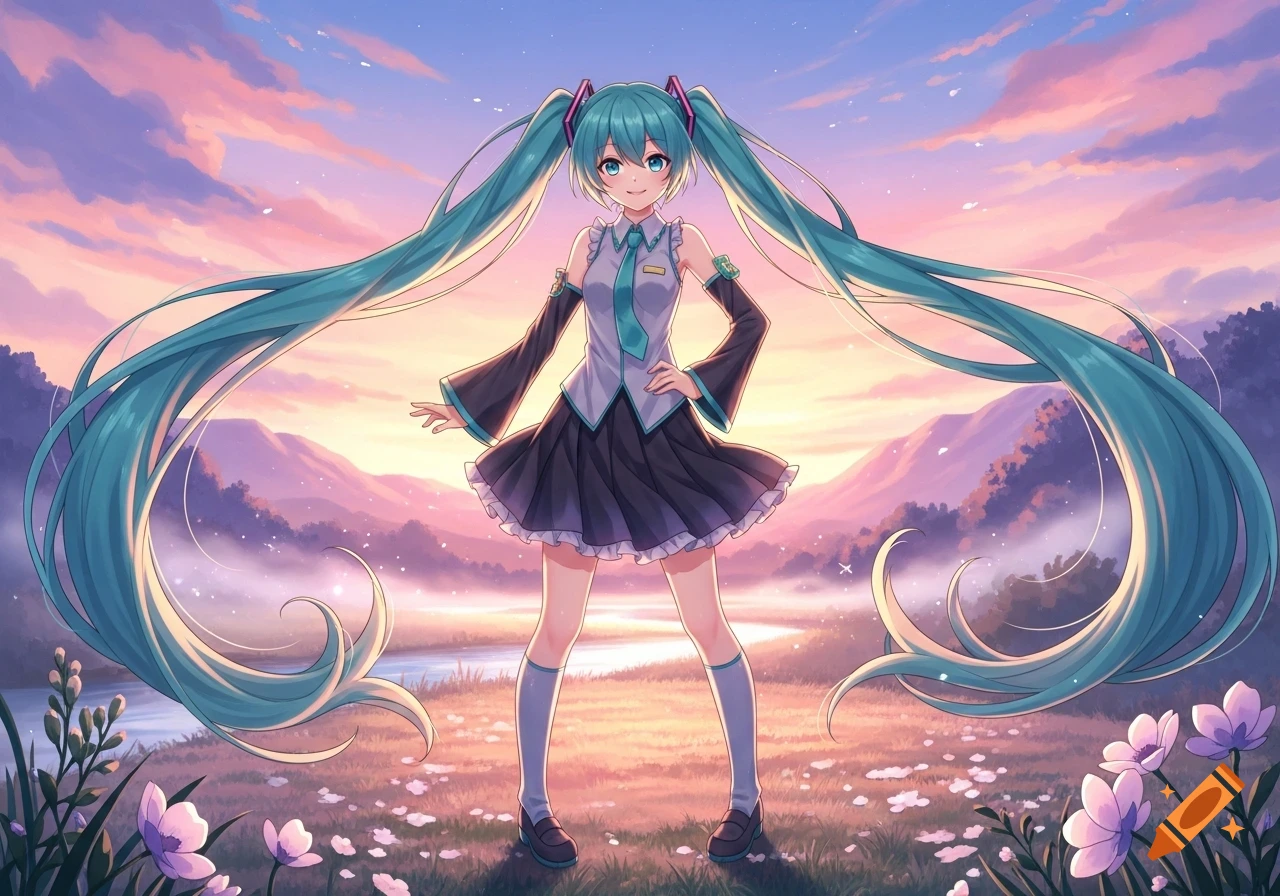 An anime girl resembling Hatsune Miku, with long turquoise pigtails, stands in a field of flowers at sunset.
