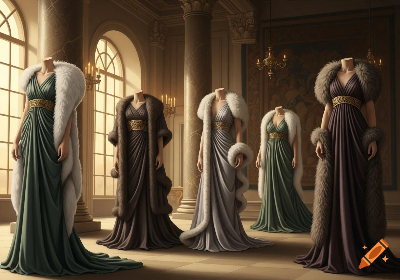 Five headless mannequins display Greco-Roman inspired dresses with fur stoles and coats in a grand classical hall.