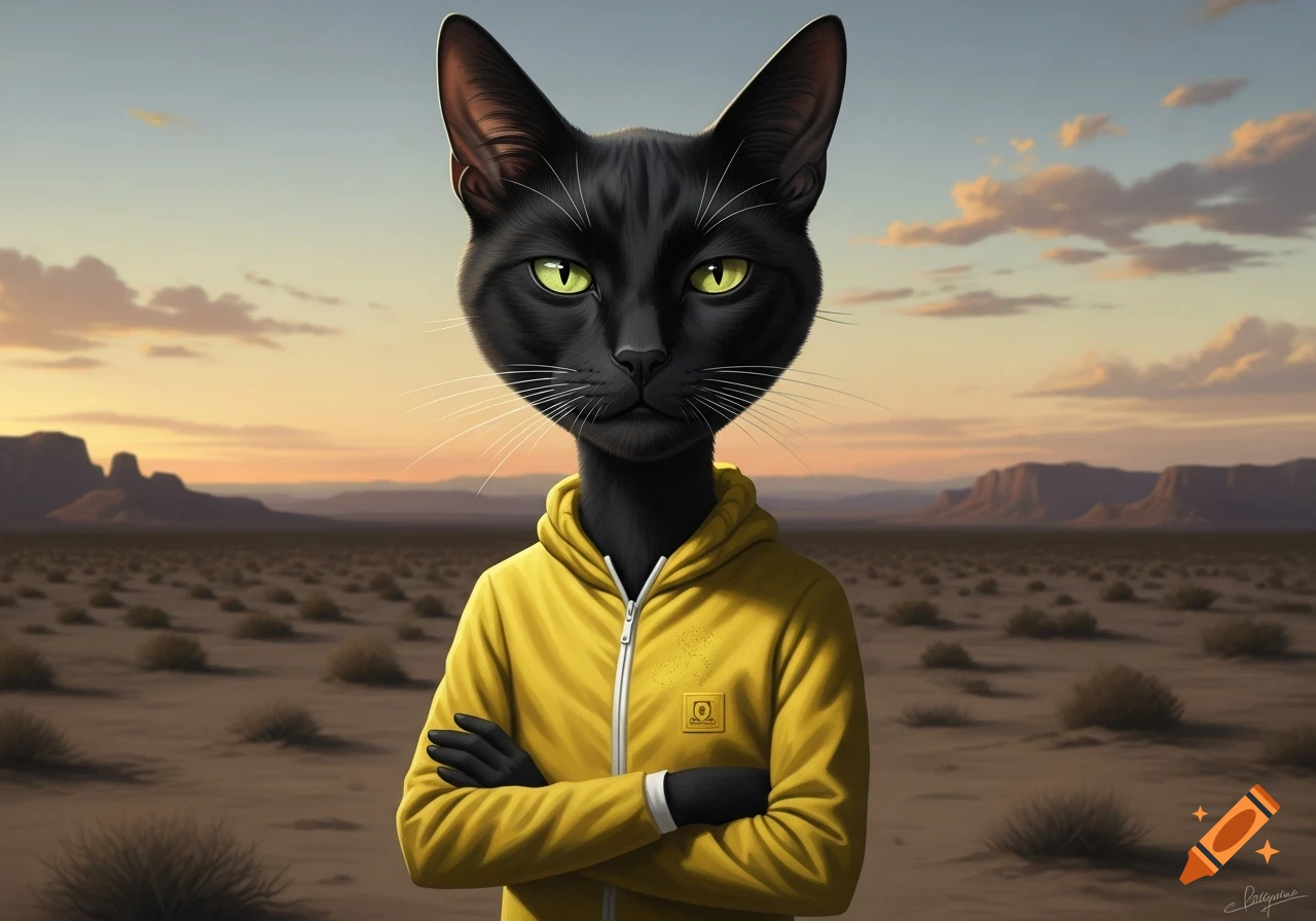 A stylized black cat with glowing green eyes, wearing a yellow zip-up hoodie, stands with arms crossed in a vast desert at sunset.
