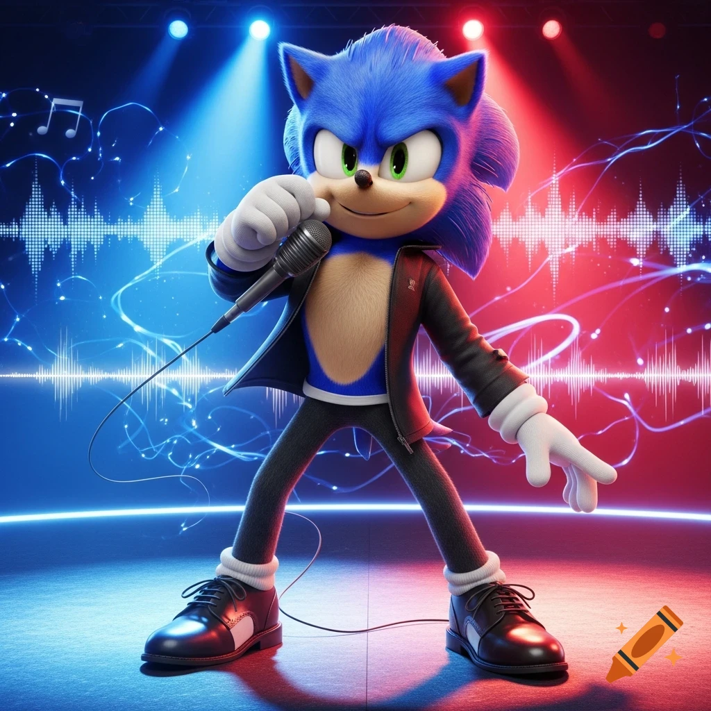 Photorealistic Sonic the Hedgehog singing into a microphone on a stage with blue and red lights and sound wave graphics.