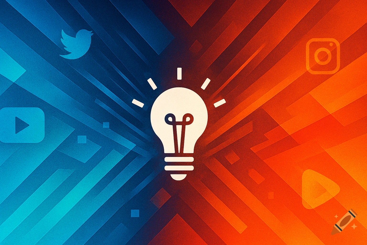 Abstract background split with blue and orange sections, featuring social media logos (Twitter, YouTube, Instagram) and a central white lightbulb icon.