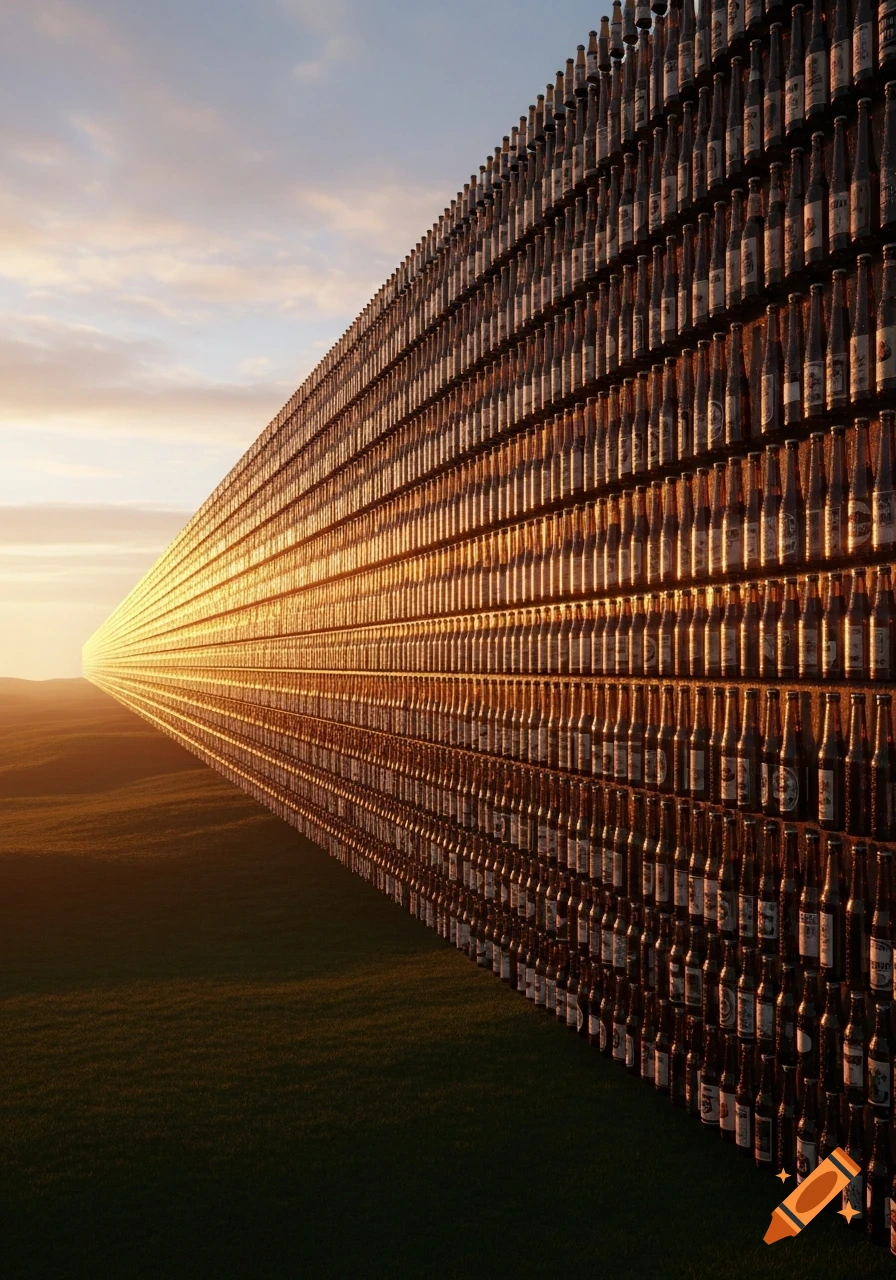 A massive, long wall constructed from countless beer bottles stretches into the sunset horizon over a green, grassy field.