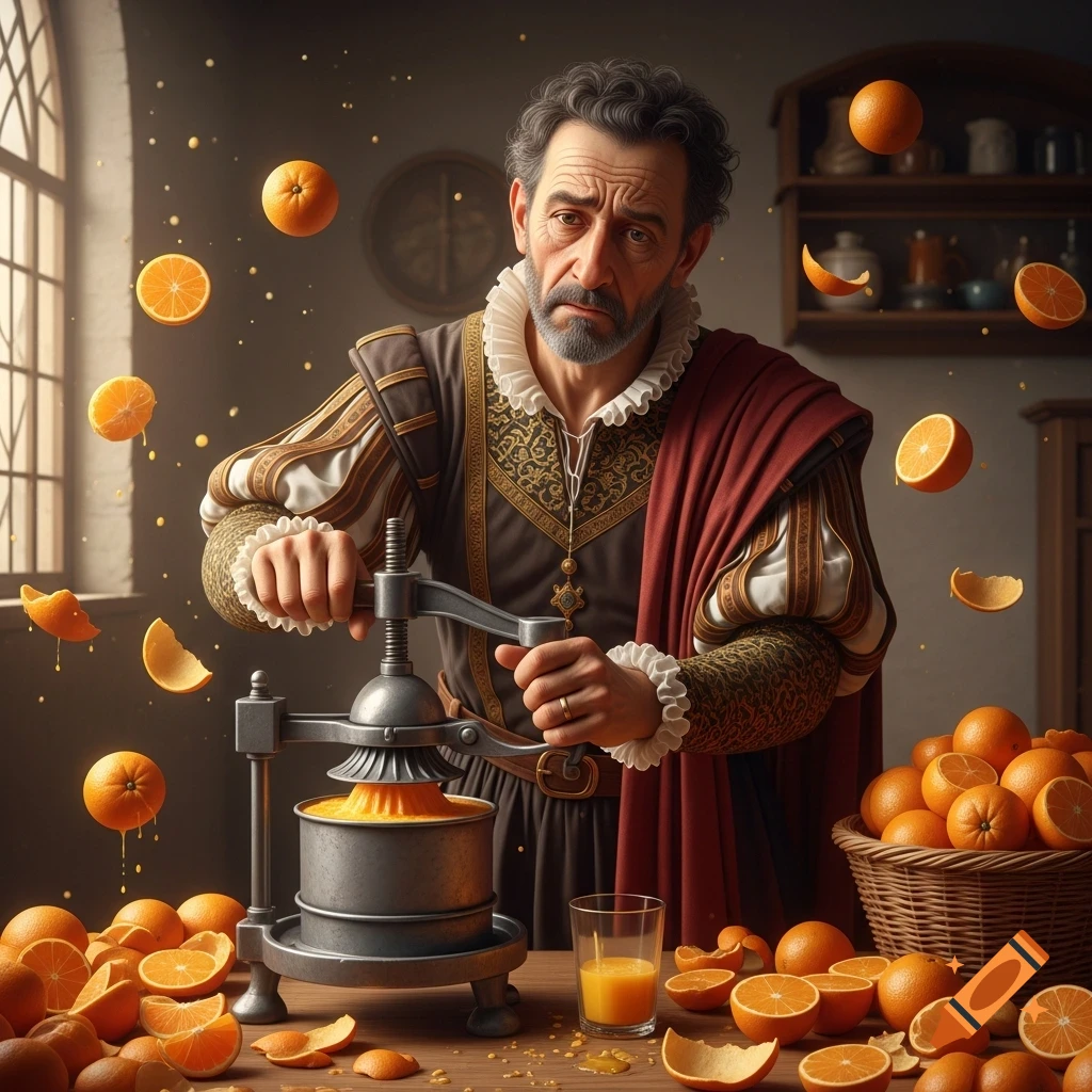 A tired Renaissance man in a period costume uses a hand press to make orange juice in a kitchen, surrounded by oranges and peels.