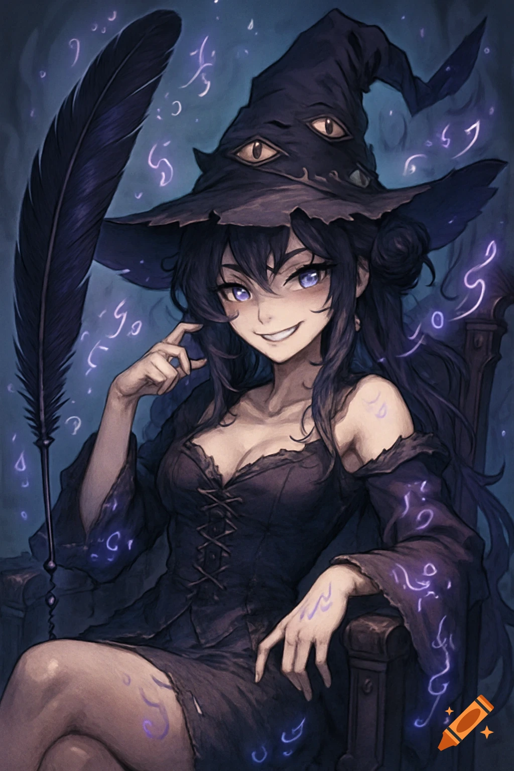 Anime-style witch with purple eyes and a devious grin, wearing a multi-eyed hat and black dress, sitting on a gothic throne with a giant quill.