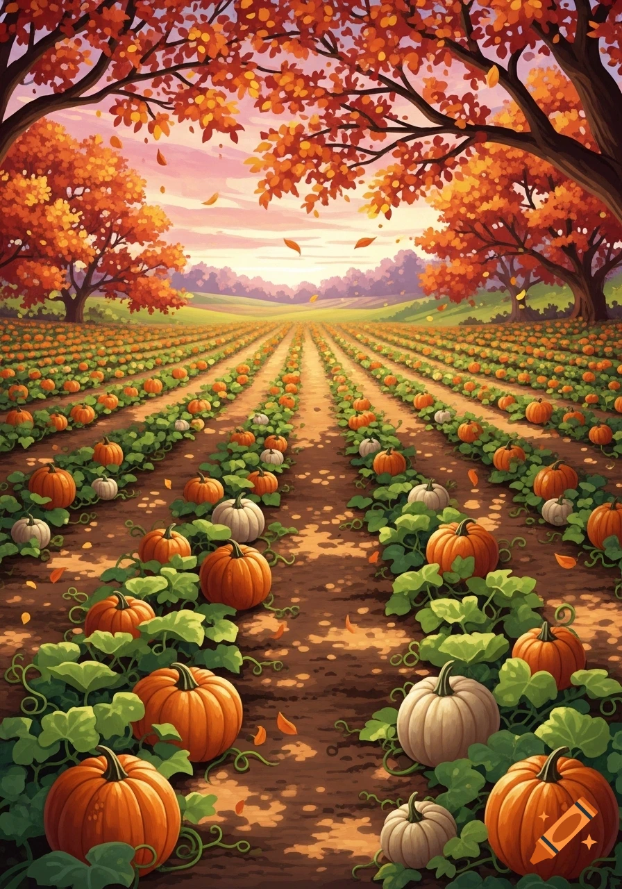 A vibrant stylized illustration of a pumpkin patch with rows of orange ...