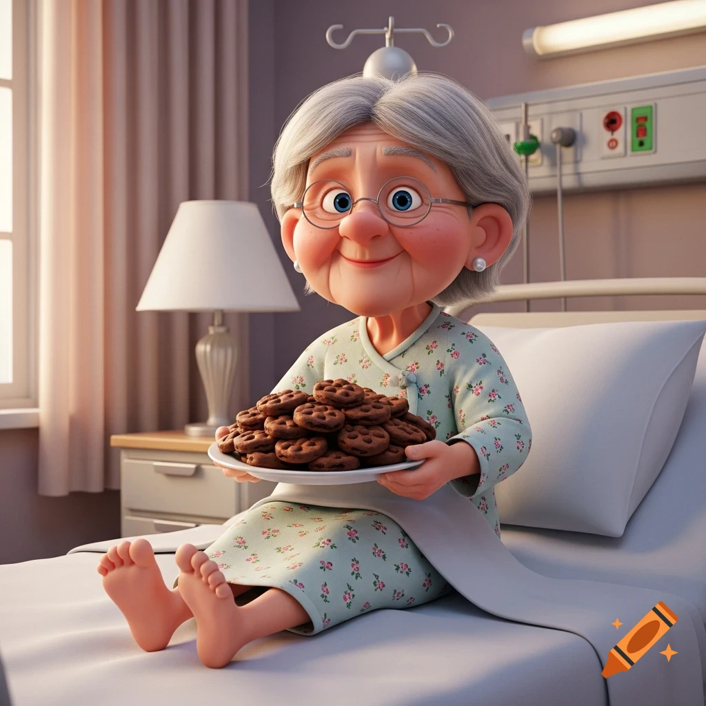 A smiling Pixar 3D cartoon old lady sits in a hospital bed, protectively holding a large plate of chocolate cookies.