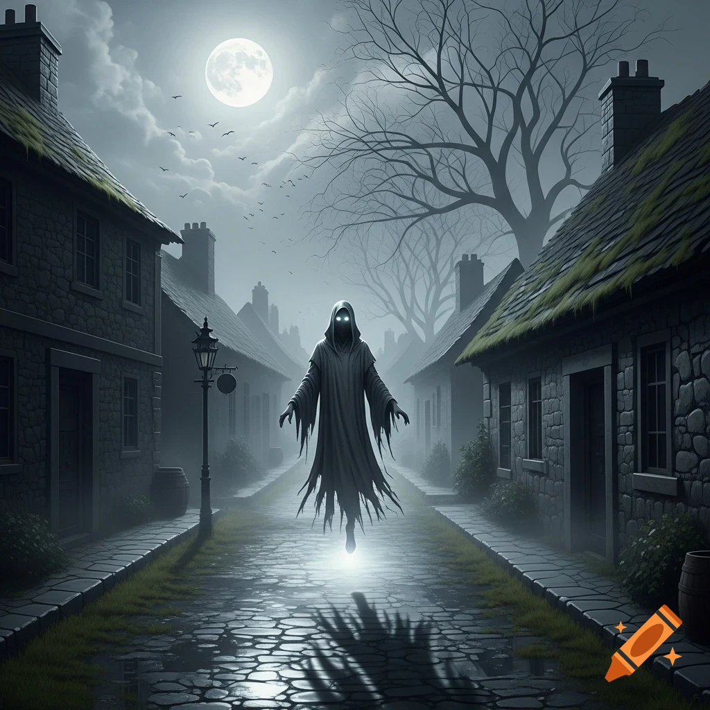 An eerie ghostly figure with glowing eyes floats down a dark, misty ...
