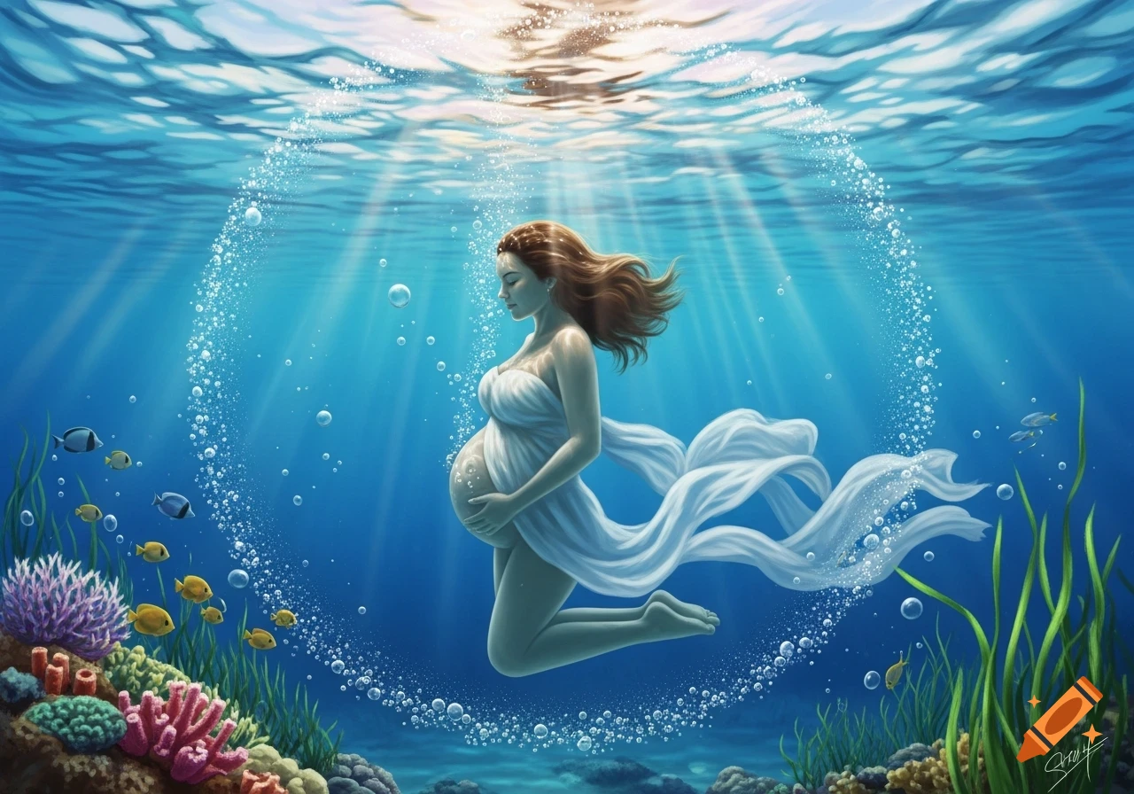 A pregnant woman with long hair and a flowing white dress floats gracefully underwater amidst light rays, bubbles, coral, and fish.