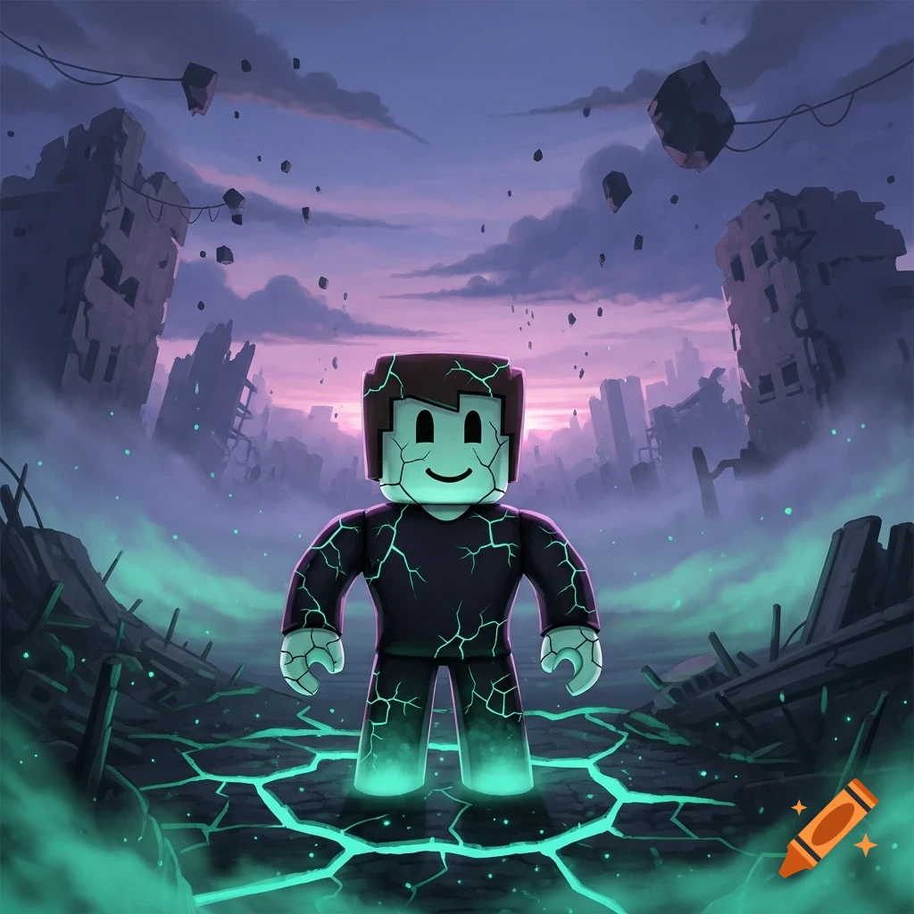 A Roblox-style character with glowing green cracks stands in a ruined city under a purple and pink sky.