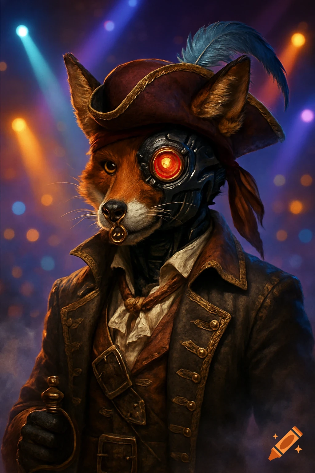 A close-up, stylized portrait of a cyborg fox pirate wearing a feathered tricorn hat and a nose ring, with a glowing red mechanical eye, against a bokeh background of stage lights.