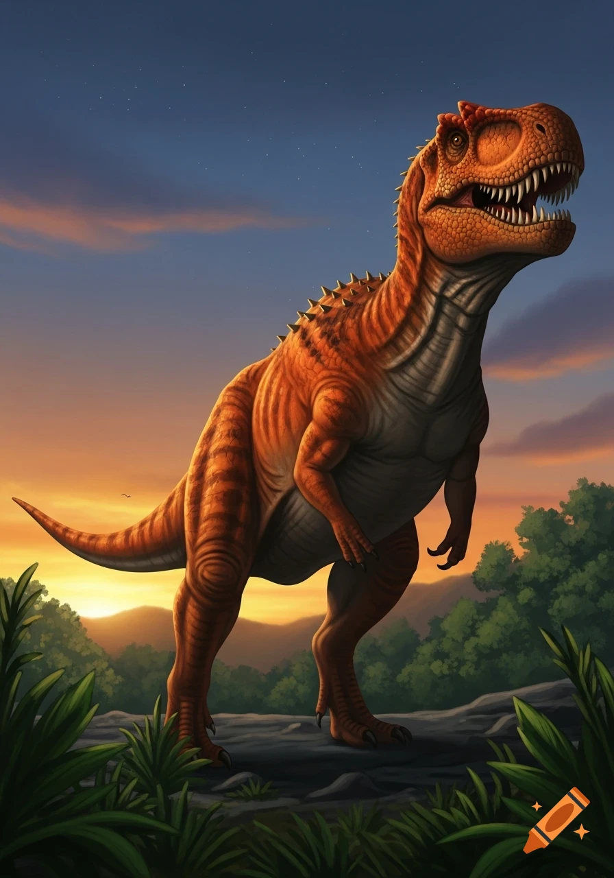 An orange carnivorous dinosaur with sharp teeth and back spikes stands on a rocky outcrop against a colorful sunset with trees.