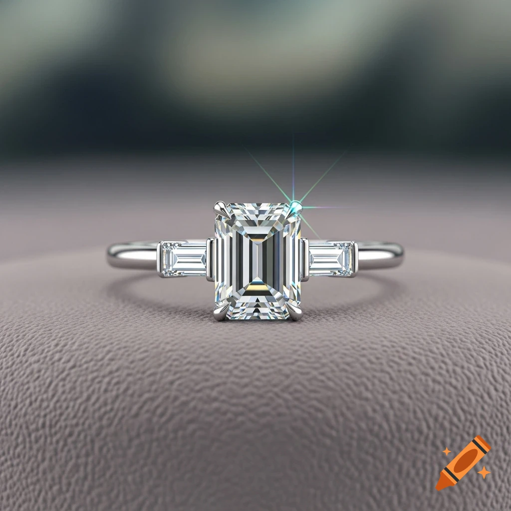 A sparkling emerald-cut diamond ring with baguette side stones on a platinum band, resting on a textured gray surface.