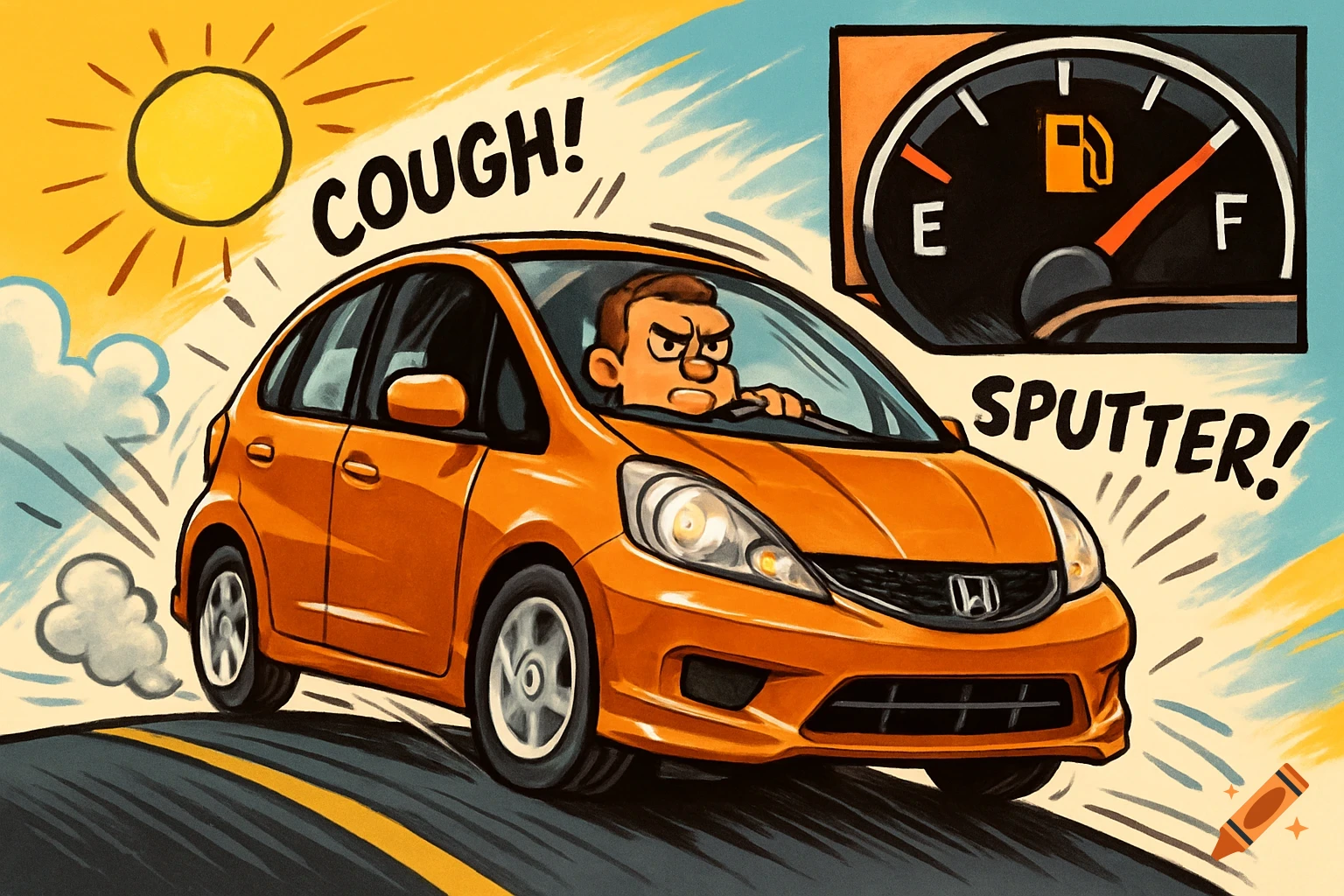 Cartoon of an orange Honda Fit running out of gas with an annoyed driver, text 'COUGH!' and 'SPUTTER!' and an empty fuel gauge.