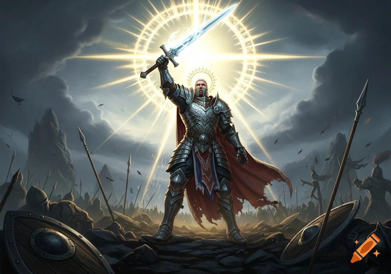 A paladin in shining armor holds a glowing sword aloft, standing on a ...