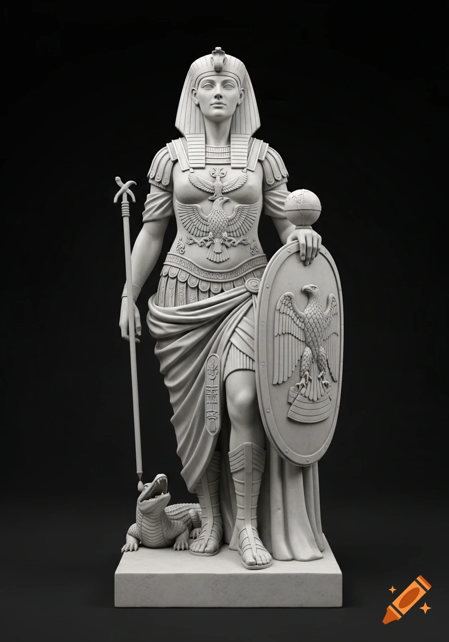 A detailed white marble statue of Cleopatra in Egyptian attire and Roman armor, holding a staff and shield, with a crocodile at her feet.