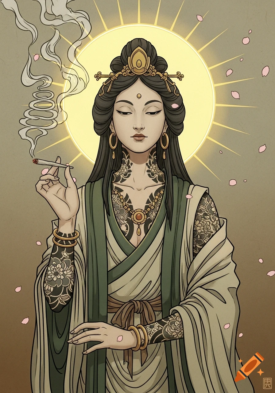 Ancient Japanese-style illustration of a goddess smoking a joint, adorned with floral tattoos, a golden halo, and green robes.