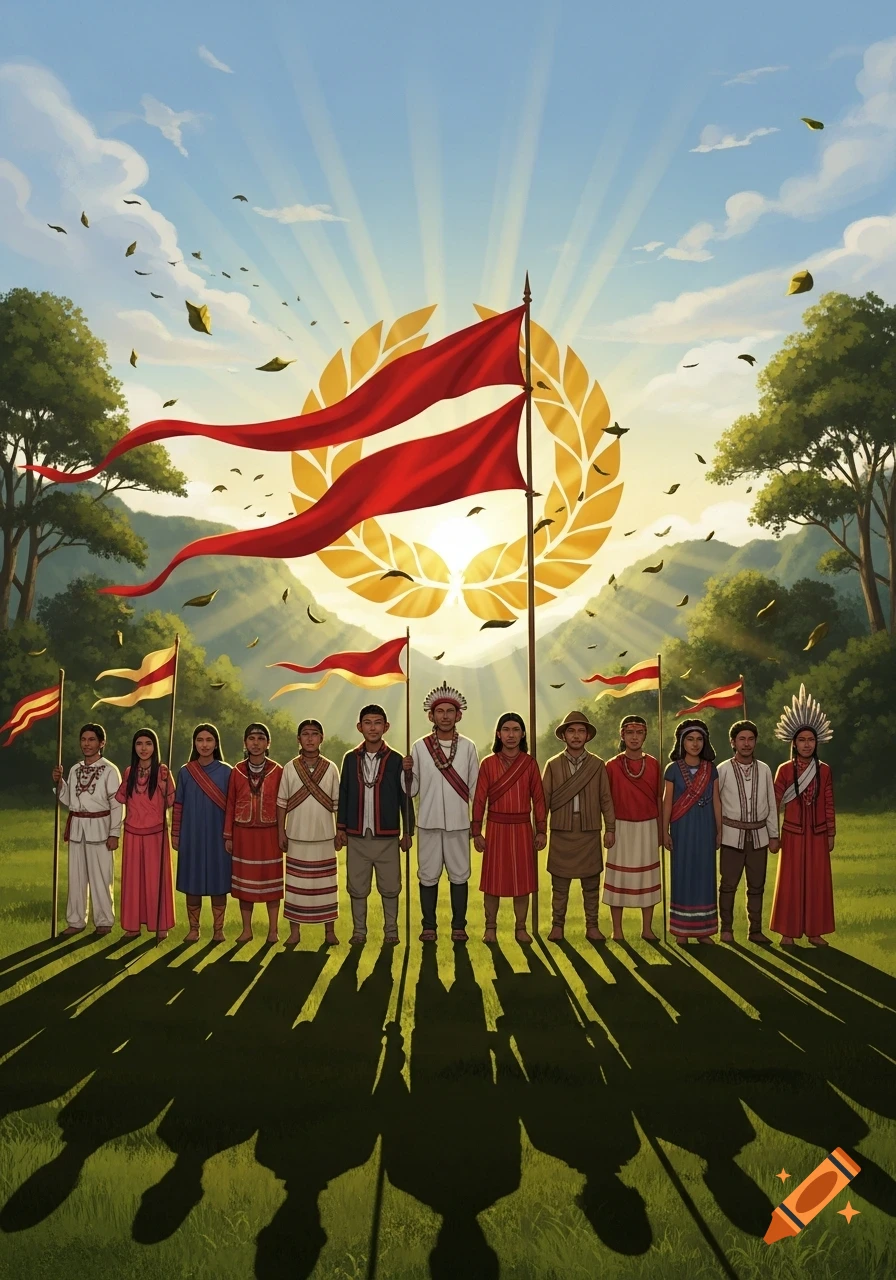 An illustrative painting of a diverse group of people in traditional attire holding flags in a field, beneath a sky with a golden laurel emblem.
