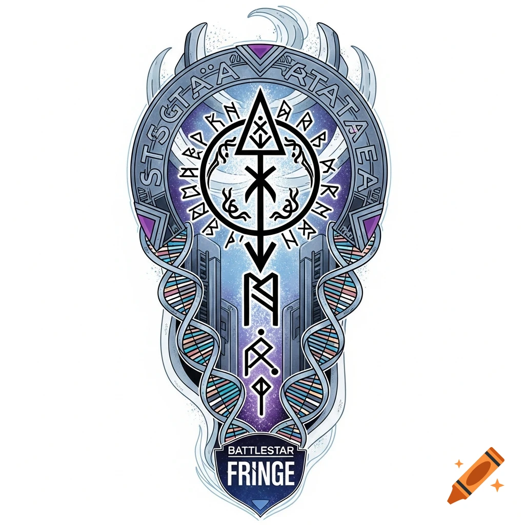 An intricate emblem with sci-fi symbols and DNA helixes, featuring text like 'Battlestar' and 'Fringe', set against a starry sky background.