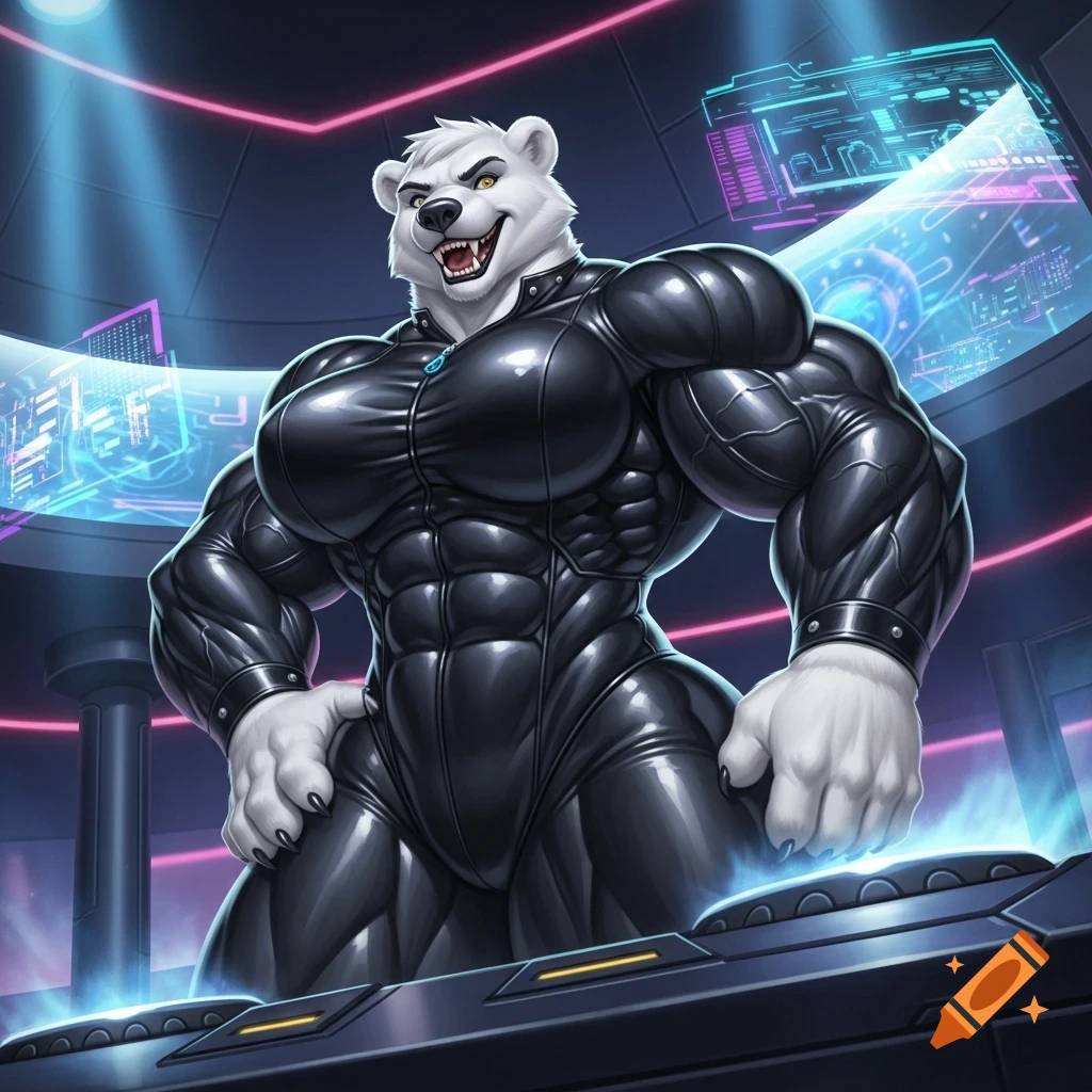 Muscular anthropomorphic polar bear woman in a black latex catsuit, grinning in a neon sci-fi nightclub.