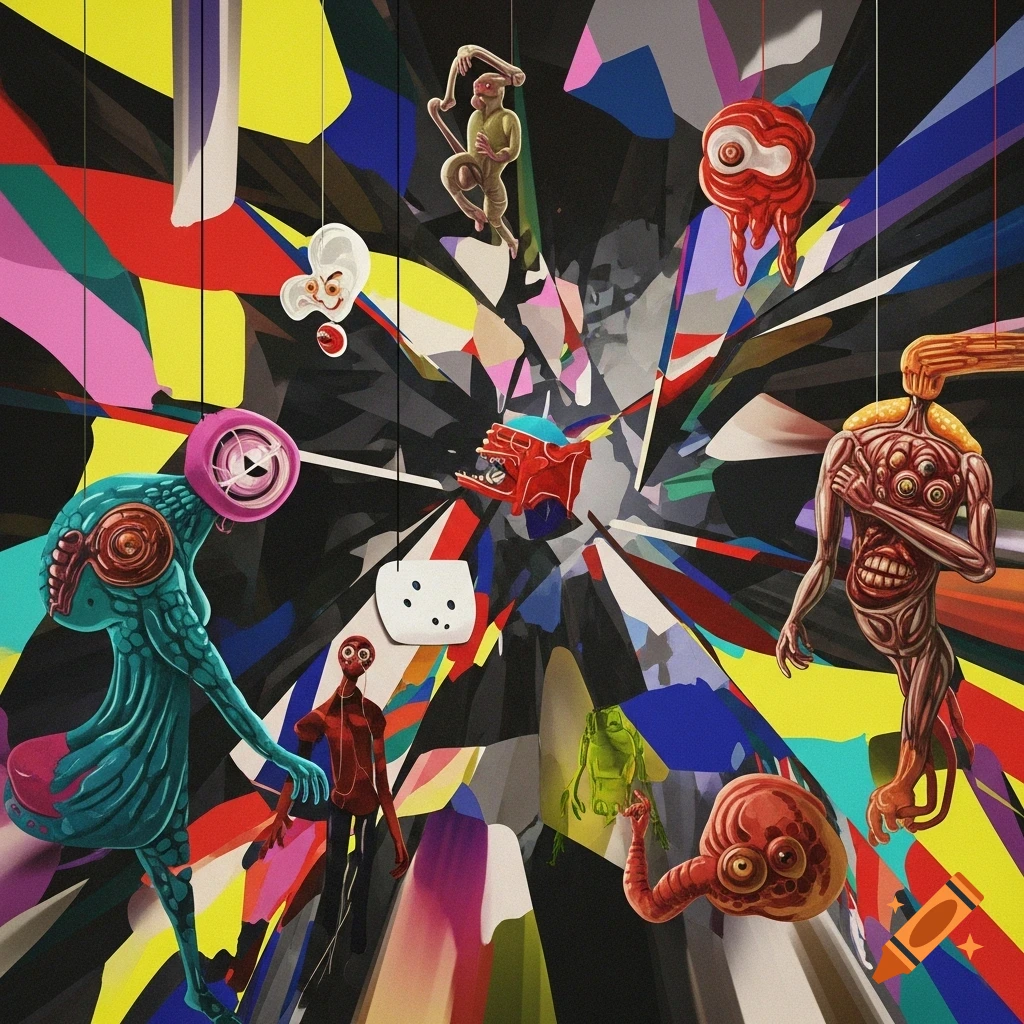 A colorful, abstract, and grotesque artwork featuring distorted, creature-like figures and body parts hanging amidst sharp, fragmented shapes and bright colors.