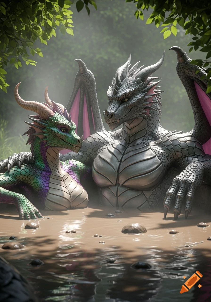 A green and purple dragon and a silver dragon relax in a muddy pool in a lush forest, depicted in 3D animation.
