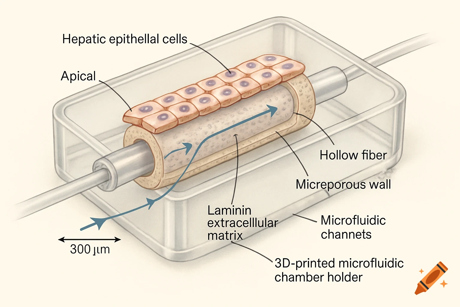 Scientific illustration of a liver organ-on-chip device, showing hepatic epithelial cells on a hollow fiber within a microfluidic chamber.